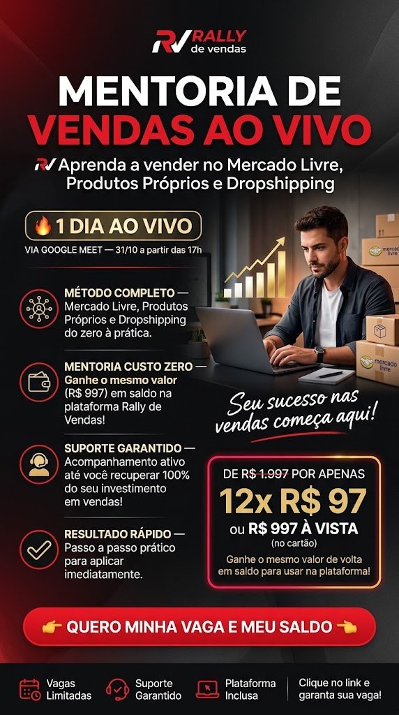 Mentoria de Vendas ao Vivo — 1 dia ao vivo, de R$ 1.997 por 12x R$ 97, com o mesmo valor de volta em saldo
