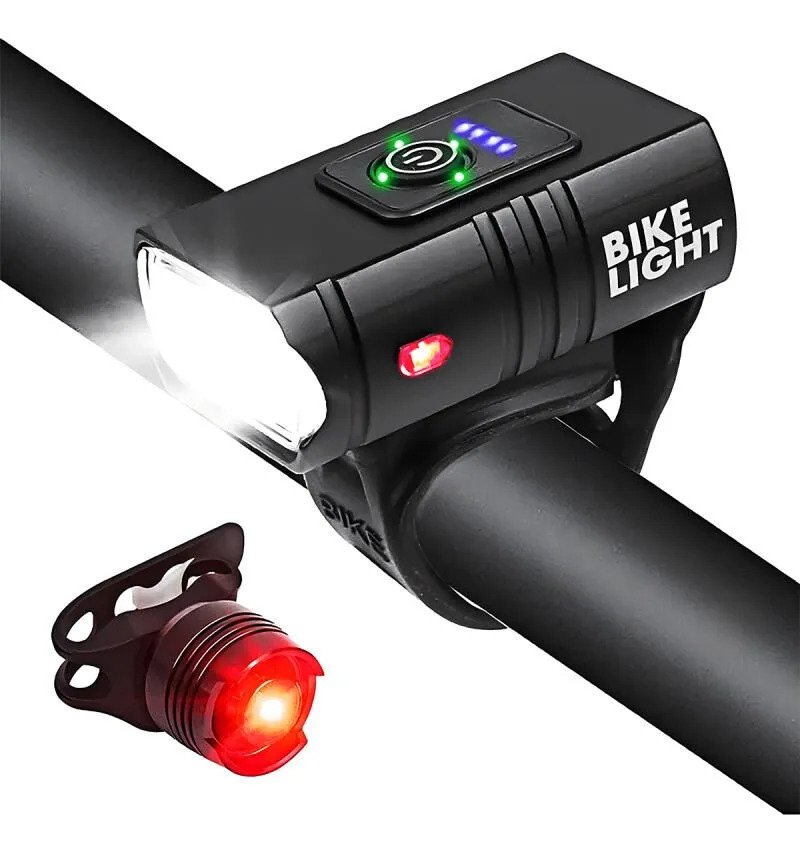 Kit Farol De Led Recarregável Com Sinalizador Traseiro Preto