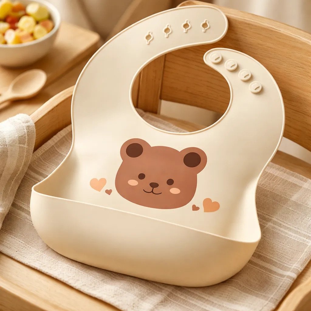Babador Urso De Silicone Impermeável Com Coletor  Ajustáve Animais Bege 9-12 M