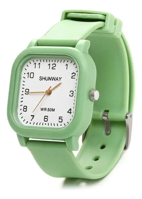 Relógio De Pulso Analógico Feminino Shunway Quadrado Verde Verde-claro Branco