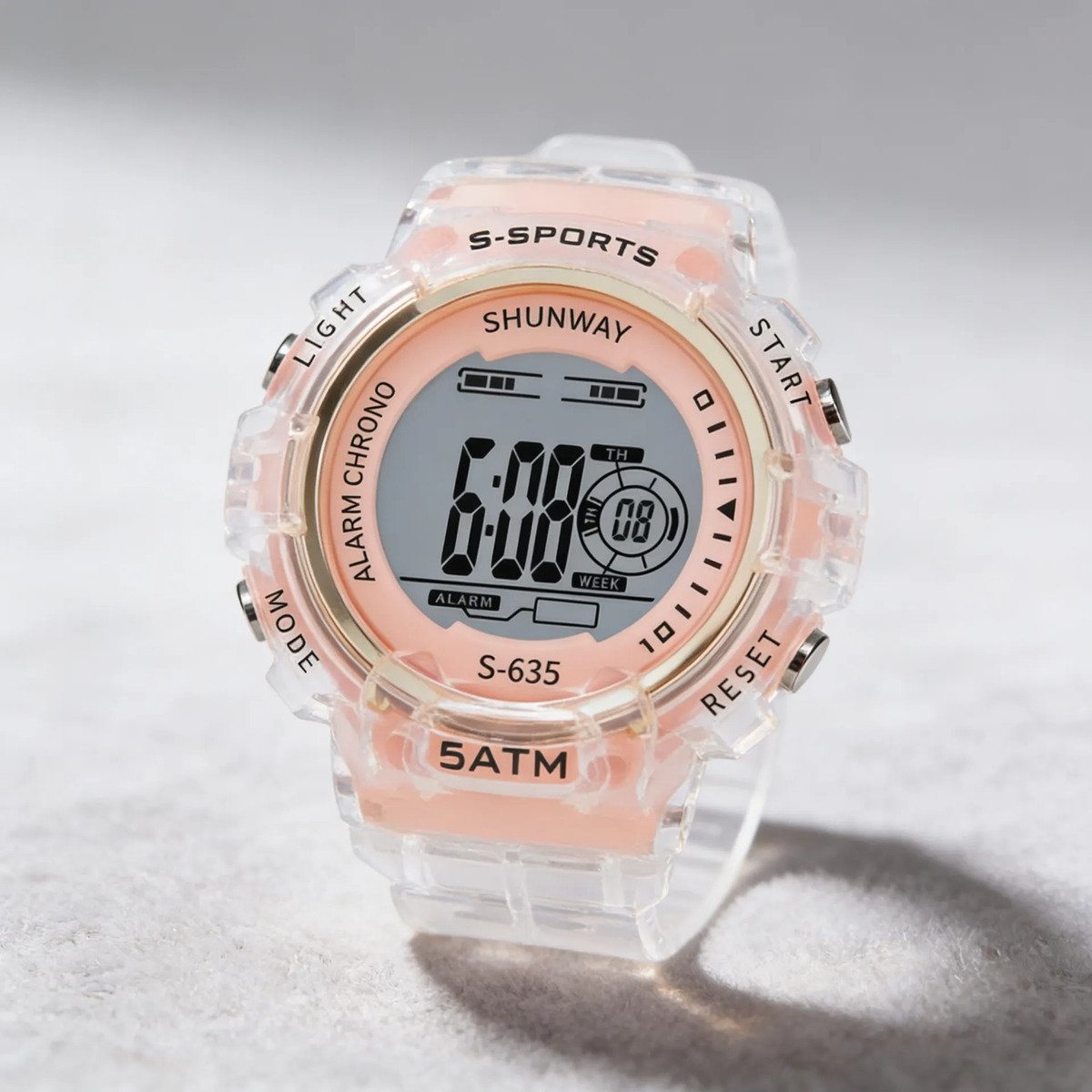Relógio Digital Esportivo Transparente Rosê Resistente Ág Branco Rosa-claro Cinza