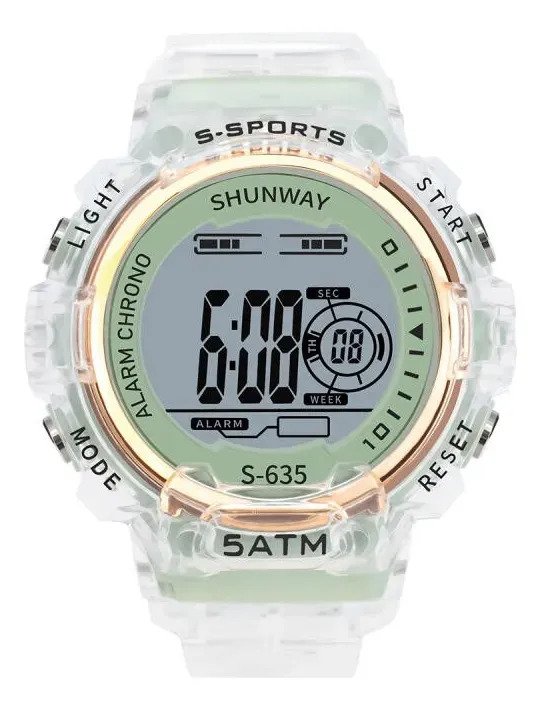 Relógio Esportivo Digital Transparente Verde Branco Dourado Verde-claro