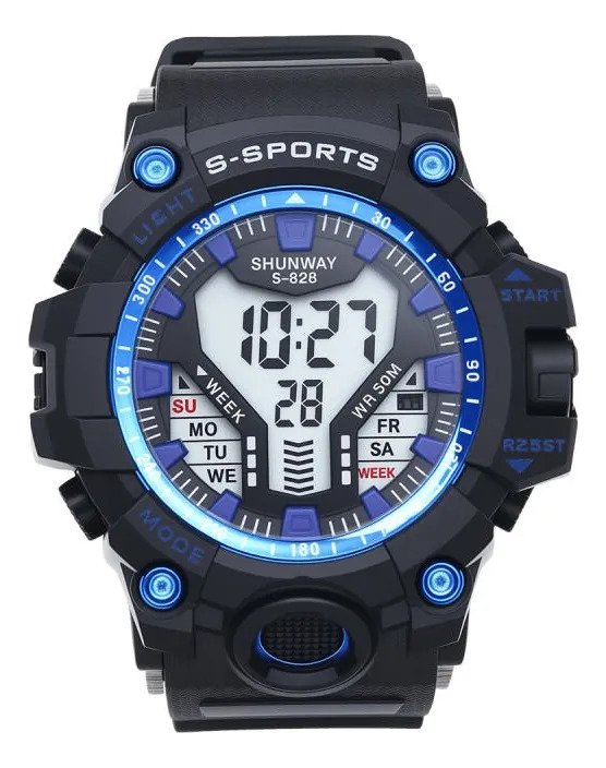 Relógio Digital Esportivo Preto Com Azul - Masculino