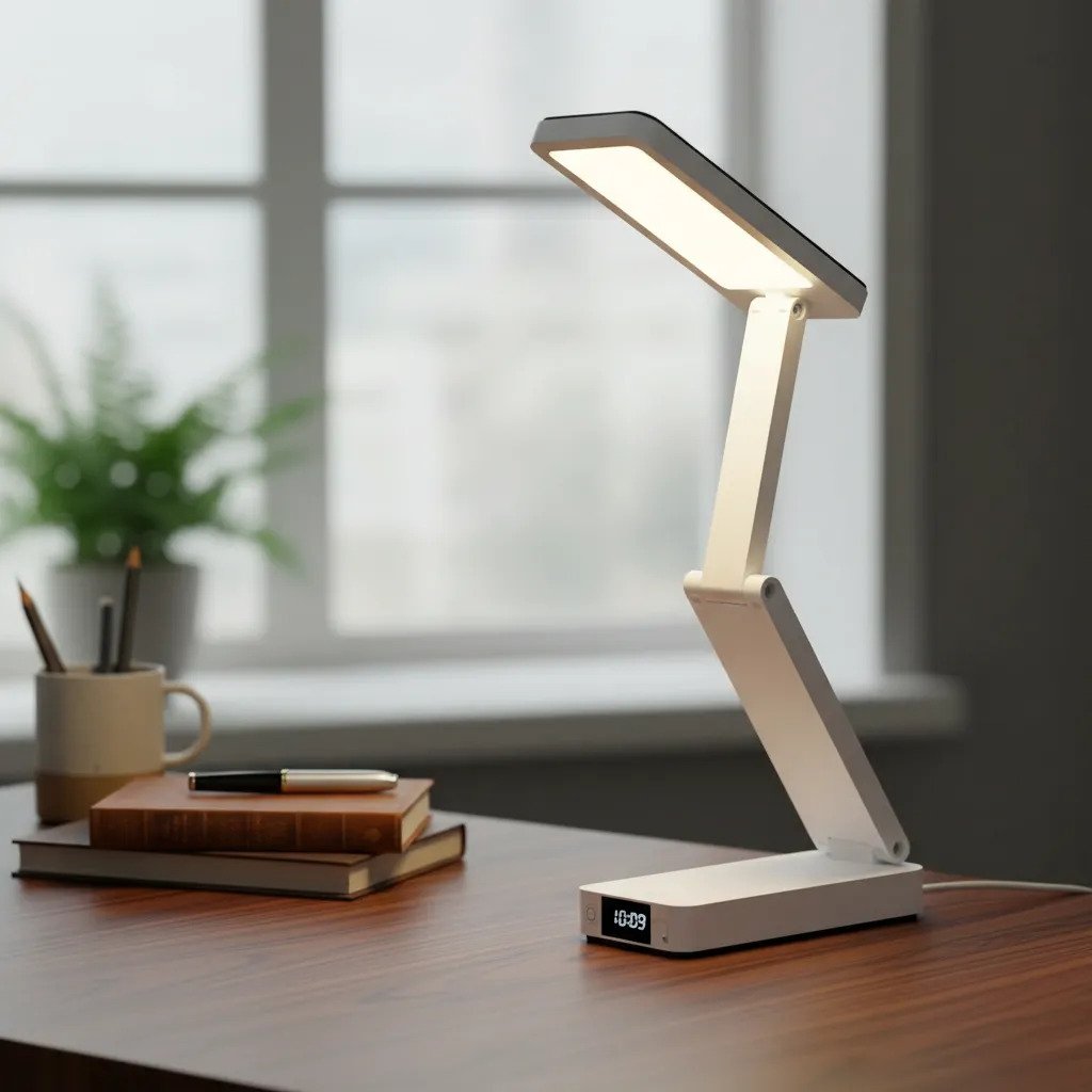 Luminária De Mesa Com Relógio Articulada Recarregável Led Branco 127/220v