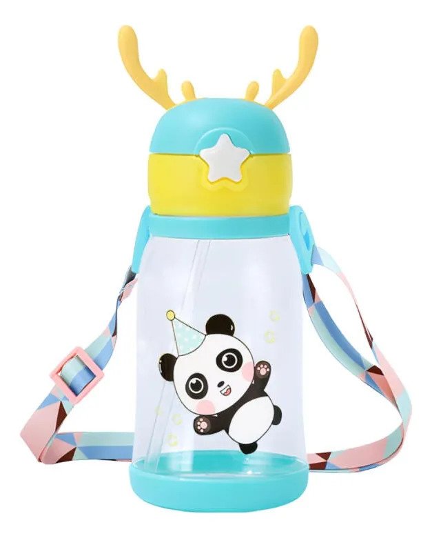 Garrafa Infantil Com Canudo E Alça Ajustável 500ml Panda  Azul E Amarelo Panda