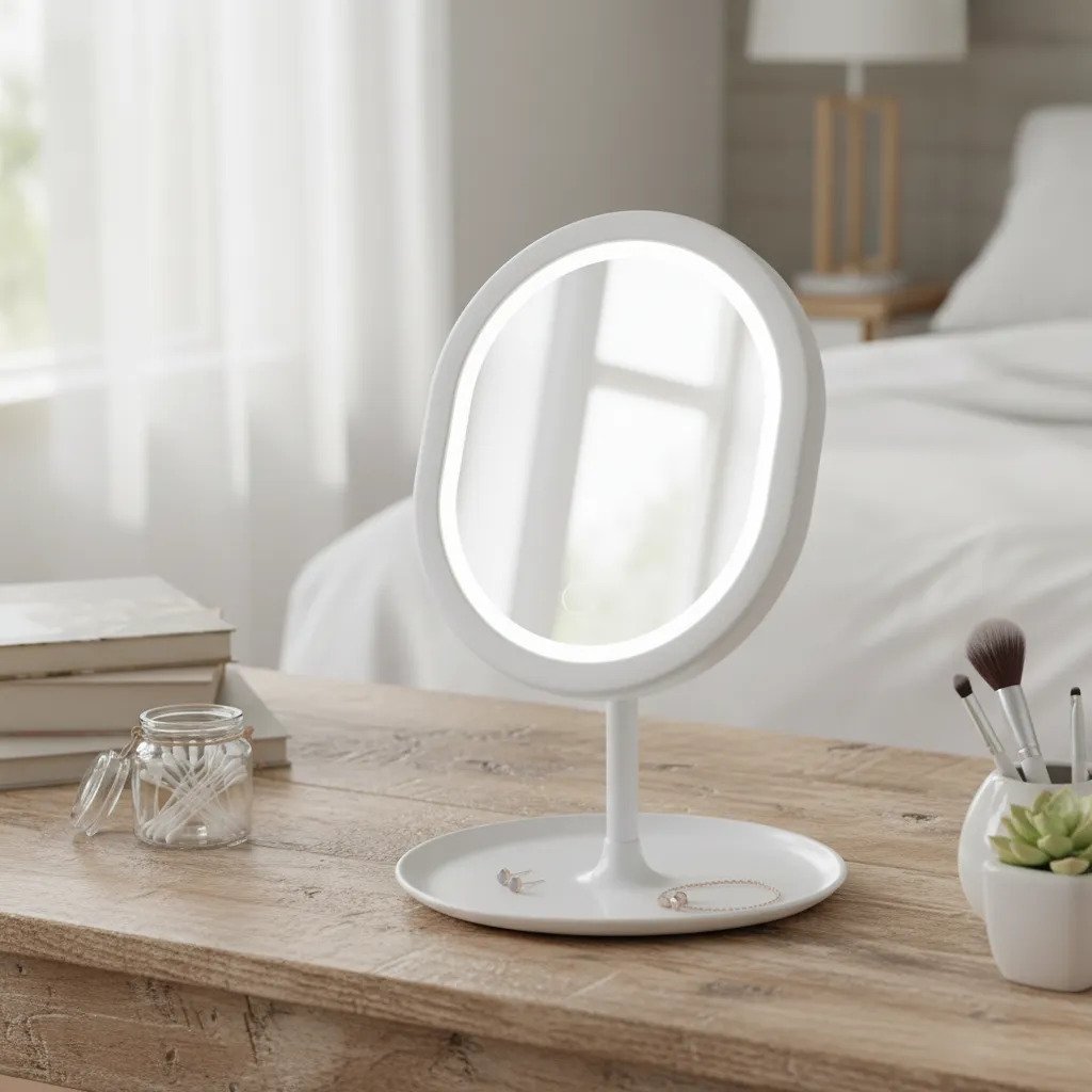 Espelho De Mesa Com Iluminação Led Base Organizadora Branc