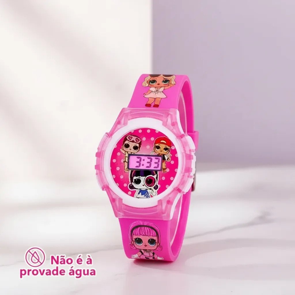 Relógio Infantil  Com Personagens Digital, Led Rosa Rosa