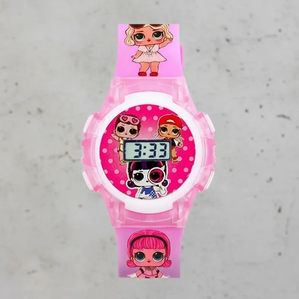 Relógio Infantil Digital Com Luz Led Personagens - Rosa