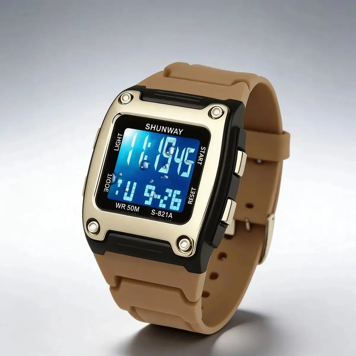 Relógio De Pulso Digital Shunway De Pulso Com Corria De Silicone Cor Dourado - Fondo Preto