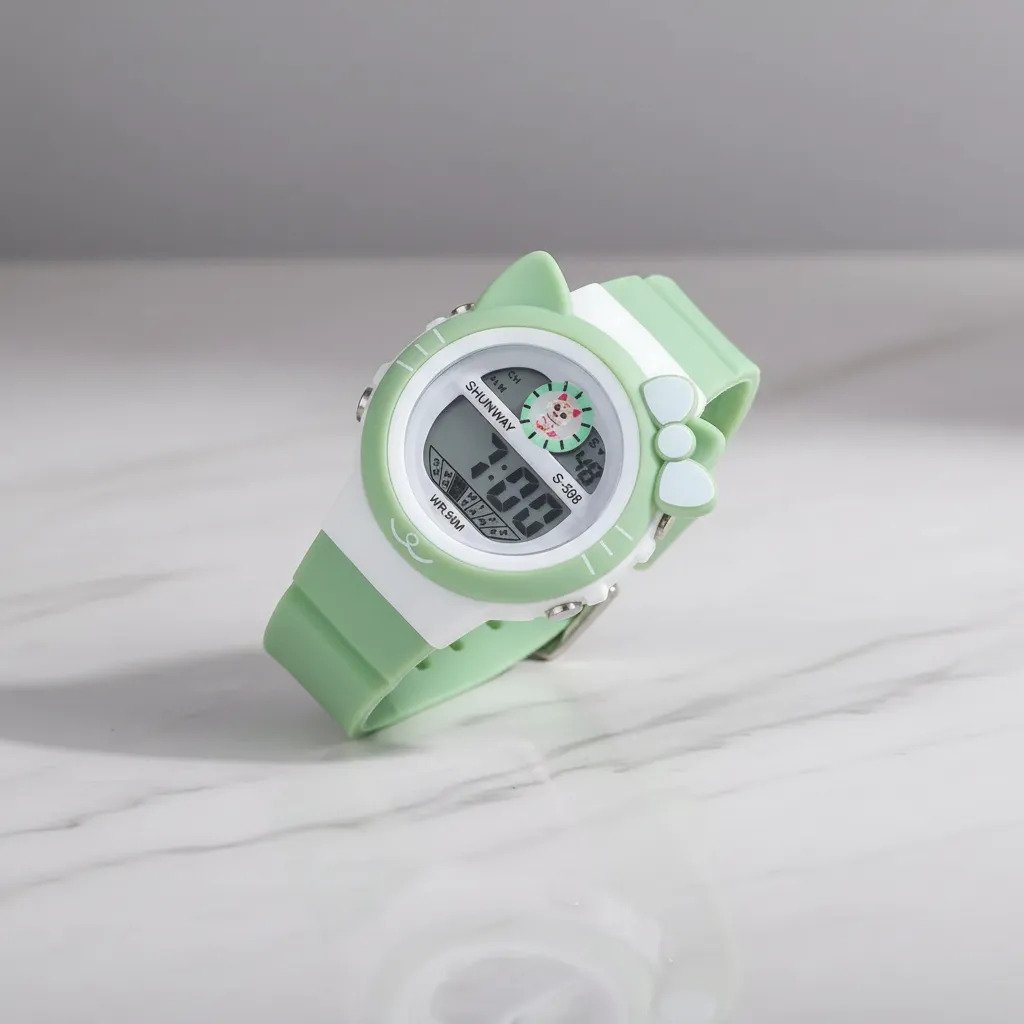Relógio Infantil Digital Gatinho Led Wr50m - Verde