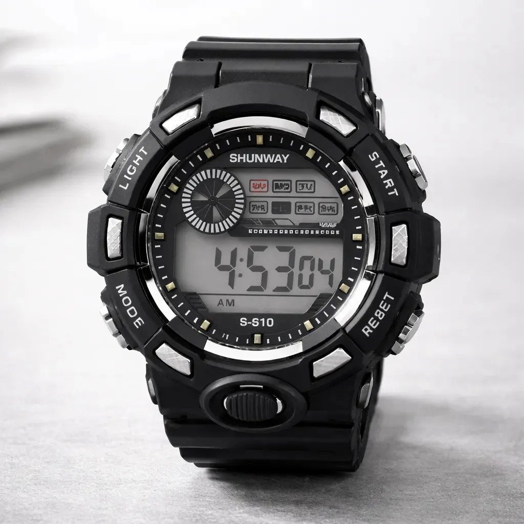 Relógio De Pulso Digital Shunway, Masculino, Com Pulseira De Resina Preta Preto