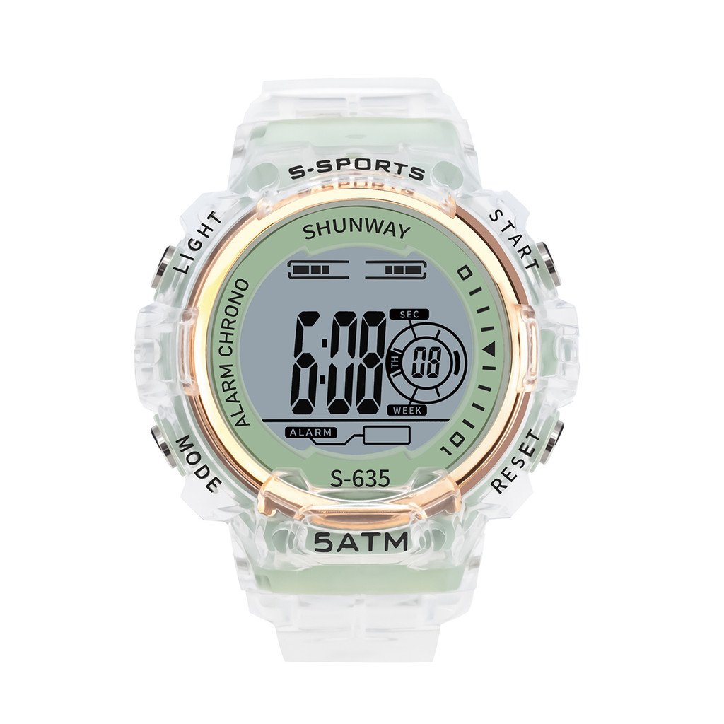 Relógio Esportivo Digital Transparente Verde Branco Dourado Verde-claro